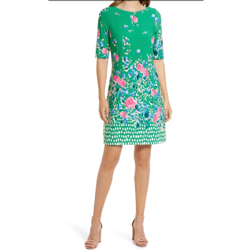 Eliza‎ J Green Floral Shift Dress Pink Blue Rose Hem Elbow Sleeve Size 10 Easter